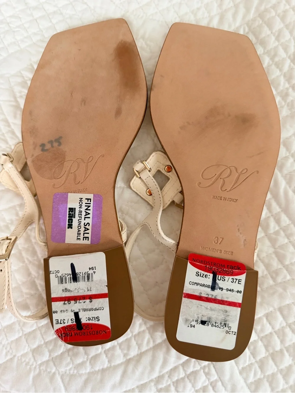 Roger Vivier Ivory Leather T-Strap Sandals with Gold Buckles